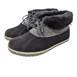 Sperry Top Sider Black Gray Elayna Suede Duck Boot Faux Fur Booties Sippers Sz 7